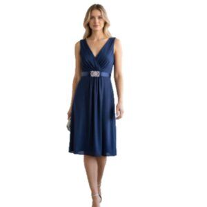 Scarlet Nite Royal Blue Cocktail Dress Sz 16 Sleeveless V-Neck Jeweled Belt EUC